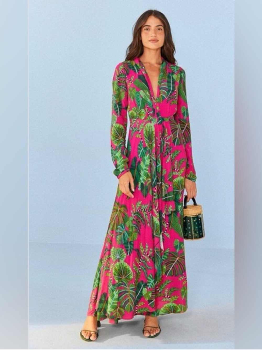 FARM Rio Hot Pink Maxi Dress with Green Tropical Leaf Print small
